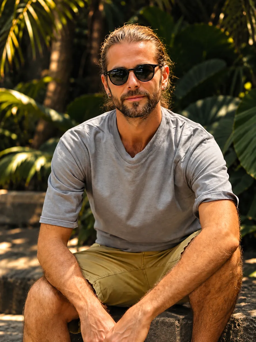 Sunshay sitting in the shade of tropical plants